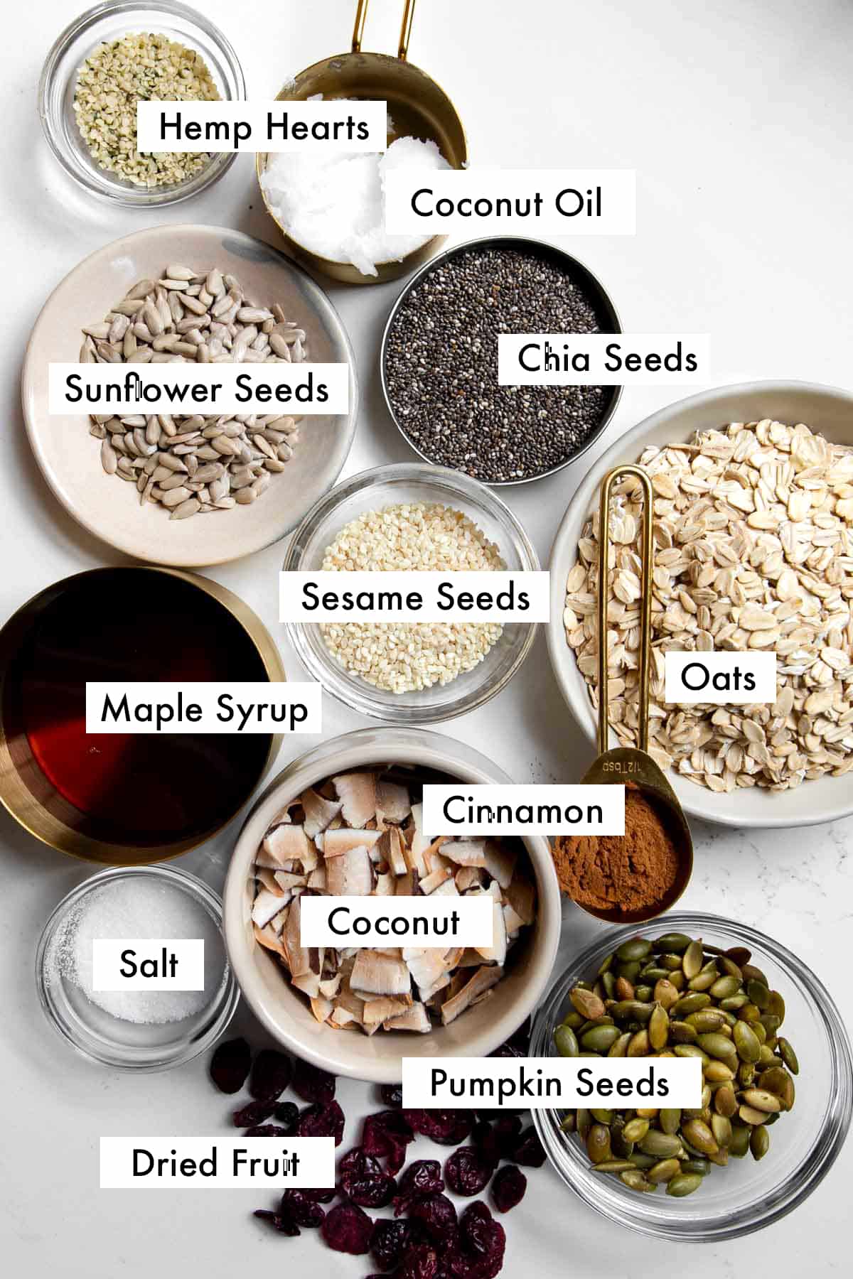 ingredients needed to make nut free granola with text graphics.