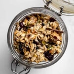 overhead view of granola in a jar.