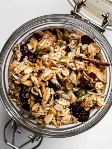 overhead view of granola in a jar.