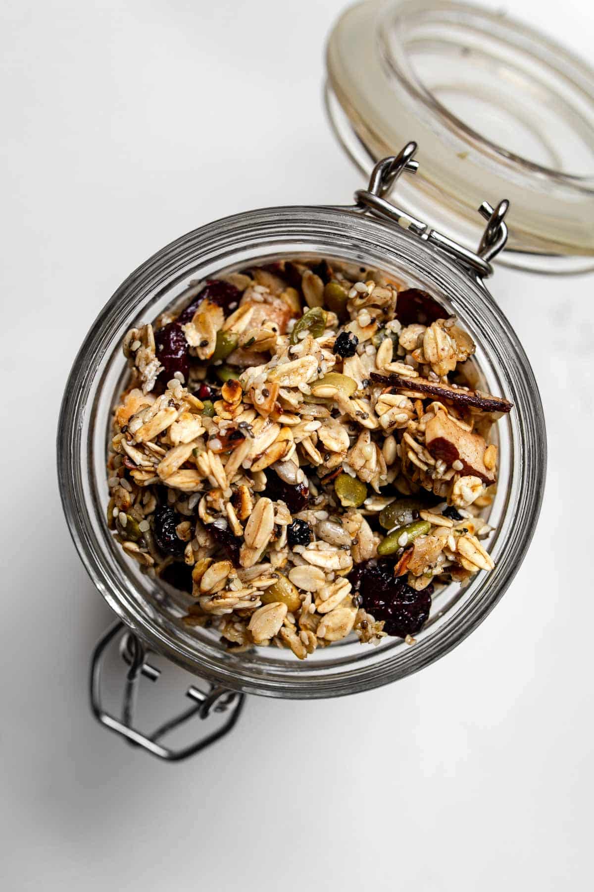 overhead view of granola in a jar.