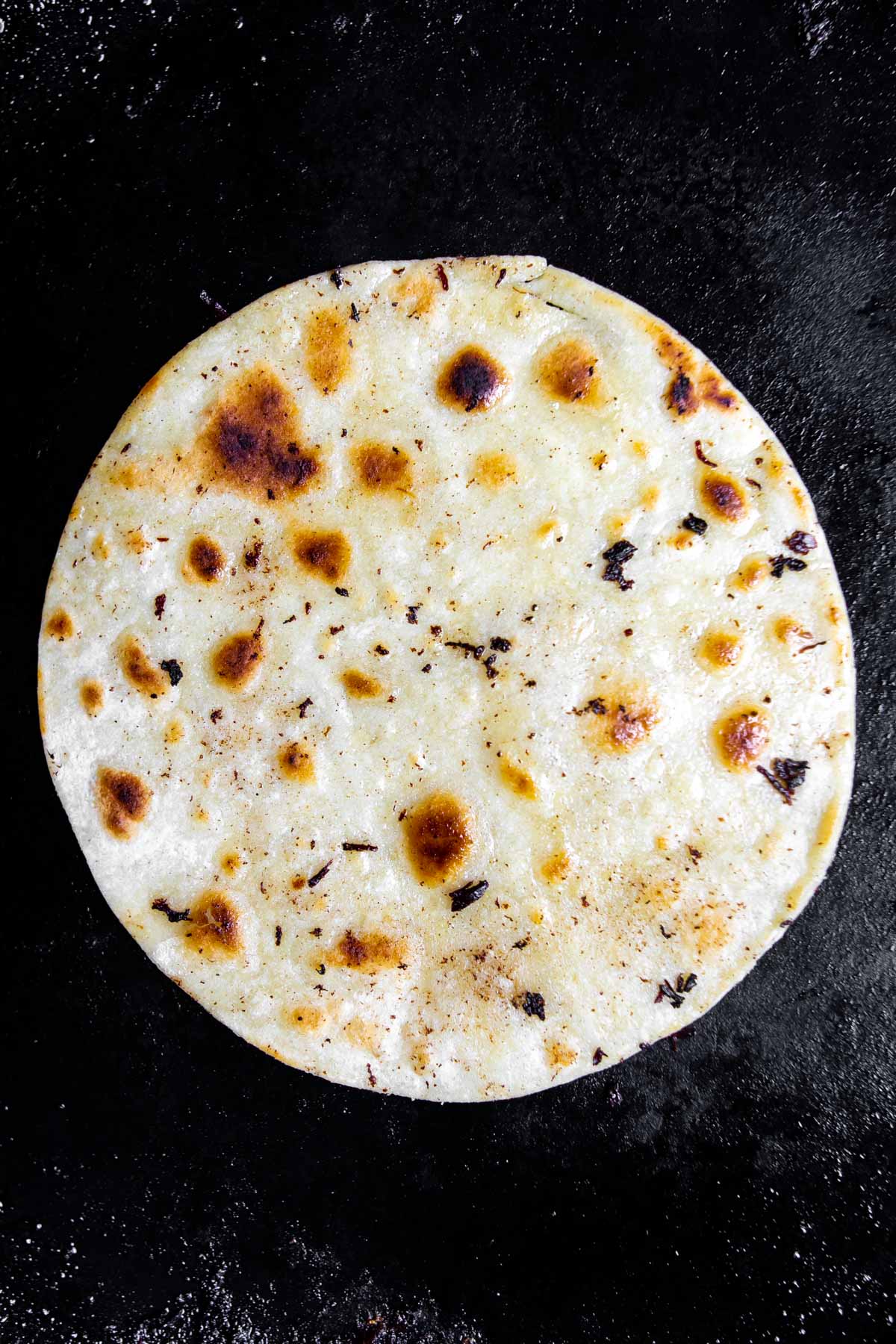 pan-fried corn tortilla in a pan.