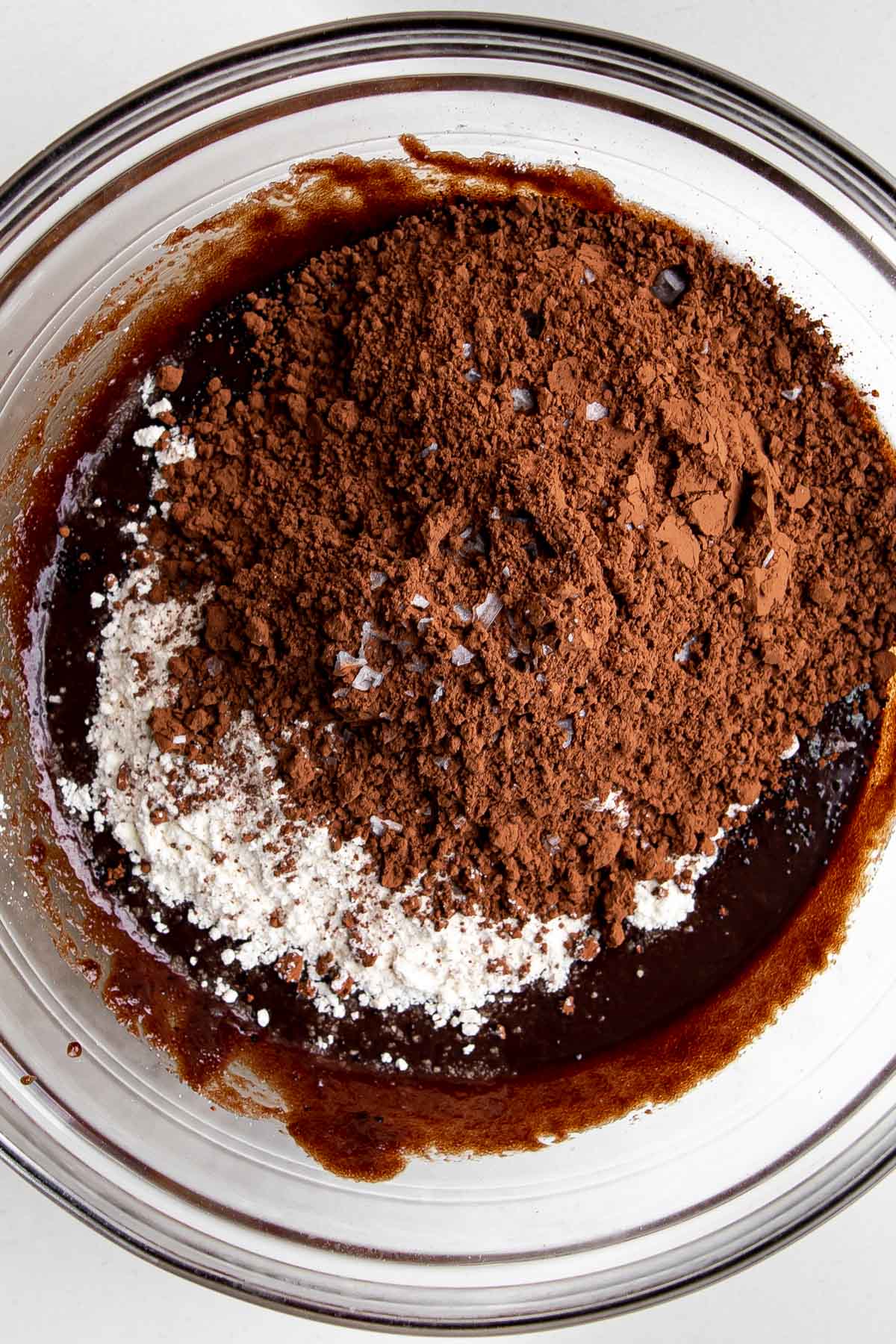 cocoa powder, flour and salt into the chocolate mixture in a bowl.