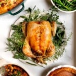thanksgiving chicken with sage and rosemary around it.