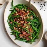 bacon green beans in a casserole dish.
